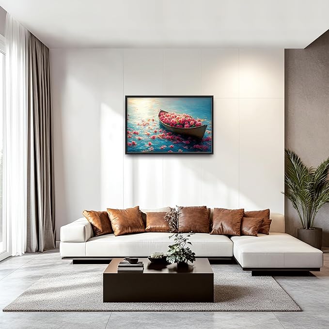 Large Lake Floral Landscape Wall Art for Living Room, Nature Boat Flower Canvas Oversized Wall Decor, Rose Scenery Framed Pictures Painting Print Artwork for Bedroom Office 36L" x 24W"