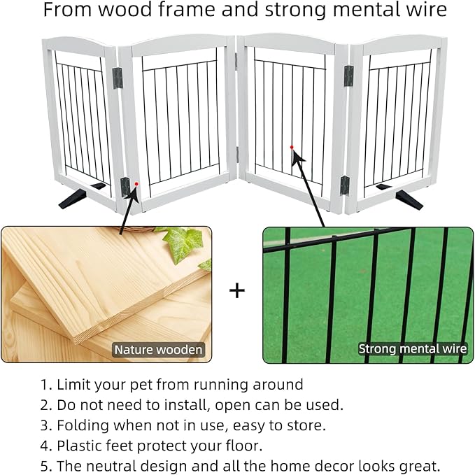 ZJSF Freestanding Dog Fence Indoor, Foldable Dog Gate for Doorways, Stairs or Hallways, Sturdy Wood Extra Wide Pet Gate with Support Feet for The House, White, 24 "Height-4 Panels