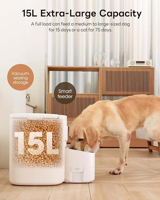 Automatic Dog Feeder for Large Breed, 15L/ 63Cups Vacuum-Sealed Storage & Timed Auto Dog Food Dispenser 2in1, Airtight 100% Freshness, Anti-Blockage, Support up to 22mm Pet Food, Stainless Steel Bowl