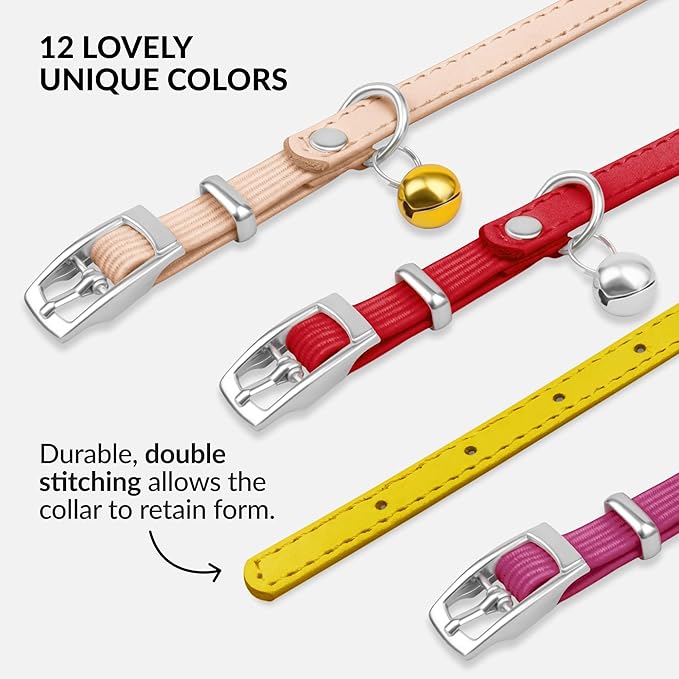 CollarDirect Leather Cat Collar with Bell - Kitten Collar, Small and Big Cat Strap for Boy Cats, Girl Cats with Safety Elastic Strap (Neck Fit 6"-7", Yellow)