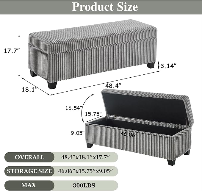 48" Ottoman with Storage, Corduroy Storage Ottoman Bench for Bedroom, End of Bed Bench with Safety Hinge for Living Room, Bedroom, Entryway, Grey
