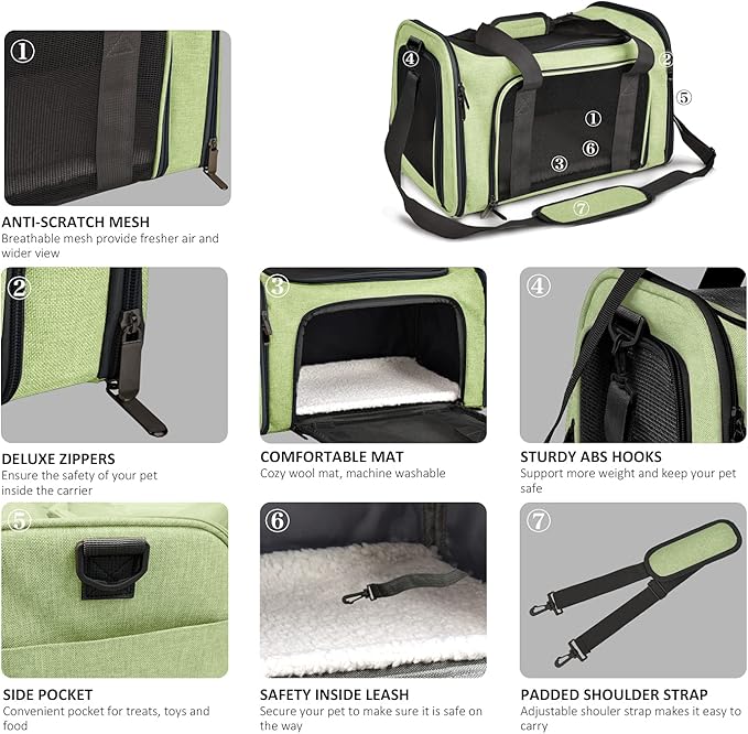 Large Cat Carriers Dog Carrier Pet Carrier for Large Cats Dogs Puppies up to 25Lbs, Big Dog Carrier Soft Sided, Collapsible Travel Puppy Carrier - Large - Green