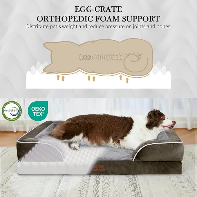 Comfort Expression Large Dog Beds Waterproof Orthopedic Foam Dog Sofa Beds Comfy Pet Bed with Washable Removable Cover & Non-Slip Bottom(Large,Dark Green)