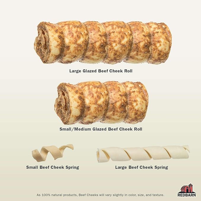 Redbarn Pet Products All-Natural Small/Medium Beef Cheek Rolls for Dogs, Chicken & Carrot Glazed - Single Ingredient Grain-Free Chew Treat Naturally Rich in Collagen - 5 Pack - Packaging May Vary