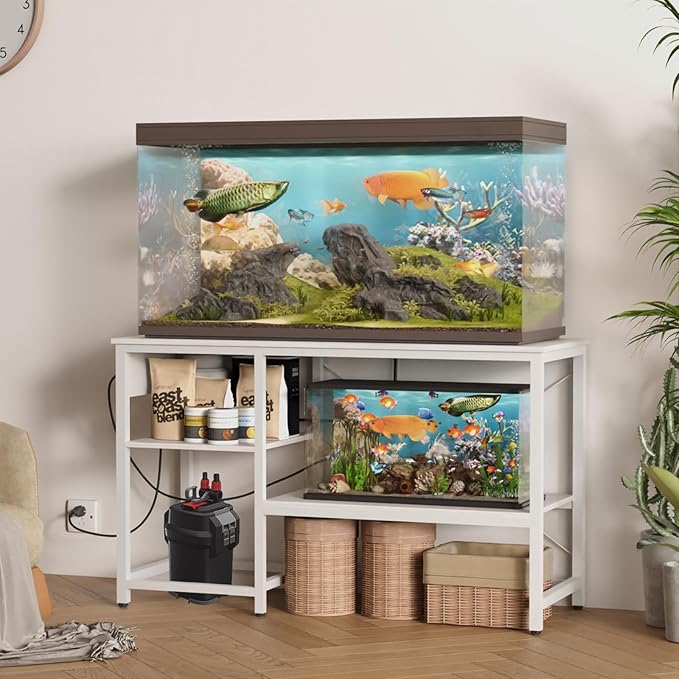 50-75 Gallon Fish Tank Stand with Power Outlet & LED Light, Metal Aquarium Stand with 3 Tier Adjustable Storage Shelves, Tank Stand for Reptile Tank, Turtle Tank, 52" L*19.5" W, White