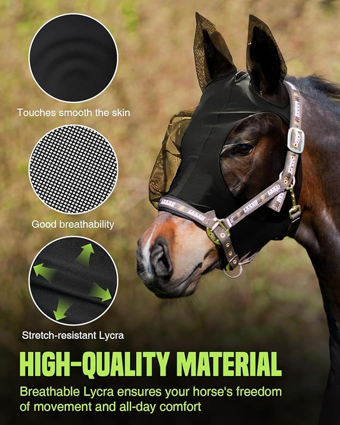 JWODVNTH Fly Masks for Horses with Ears - Large Eye Space, Comfort, UV-Block - Horse Fly Mask for Daily Stable, Hot Weather Riding, and Competition - Cob, Black