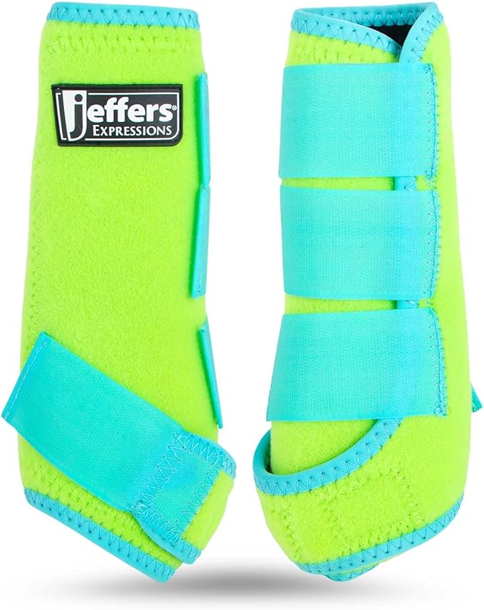 Jeffers Equine Neon Horse Boots – 1 Pair – Lime and Turquoise – Medium Size – Breathable Neoprene, Secure Strap Closures– Durable Protection for Front & Hind Legs, Training, Trail & Riding Use