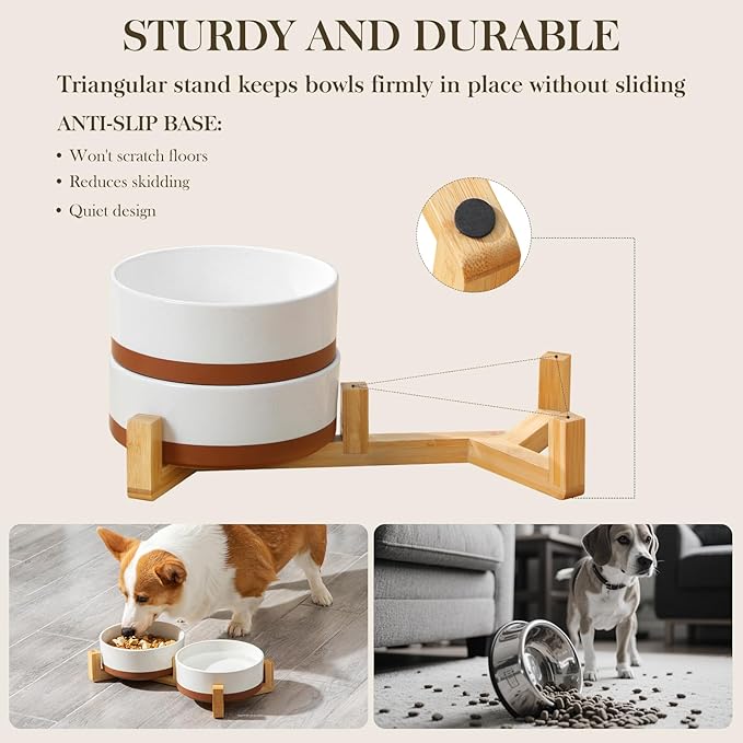 MALACASA Ceramic Dog Bowls, Dog Bowls for Medium Sized Dogs with Wood Stand - Pet Food & Water Bowl Set for Cat Medium Dogs, Weighted Glaze Matte.34 OZ (M-3.5 Cups)
