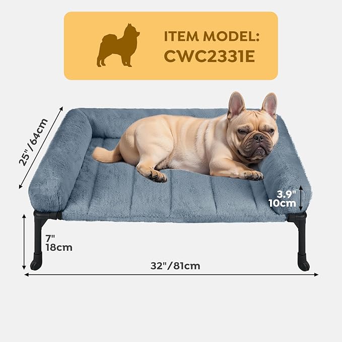 Veehoo Cooling Elevated Dog Bed with Fluffy Plush Bolster Cushion, Indoor Raised Dog Beds for Large Dogs, Soft Pet Sofa Cot with Removable Washable Mat, No-Slip Feet, 32 x 25 inches, Haze Blue