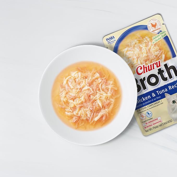 INABA Churu Broth for Cats, Side Dish Pouch, 1.4 Ounces per Pouch, 12 Pouches, Chicken & Seafood Variety