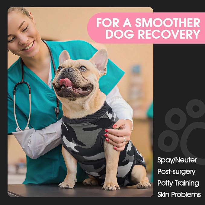 FUAMEY Dog Recovery Suit Male,Dogs Surgery Neuter Suits Puppy Spay Shirts for Female Protect Dog's Skin Anti Licking Abdominal Wounds Doggie Onesie Pet Bodysuit Alternative to Cone Grey Camouflage XL