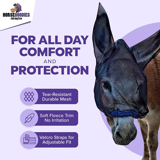 Donkey Fly Mask with Long Ears (Blue) Made in USA - Mule Fly Mask with Ears Protection from Insects and Bugs, Small Donkey Soft Mesh Fabric with Adjustable Fastener, Face Cover Supplies for Donkeys