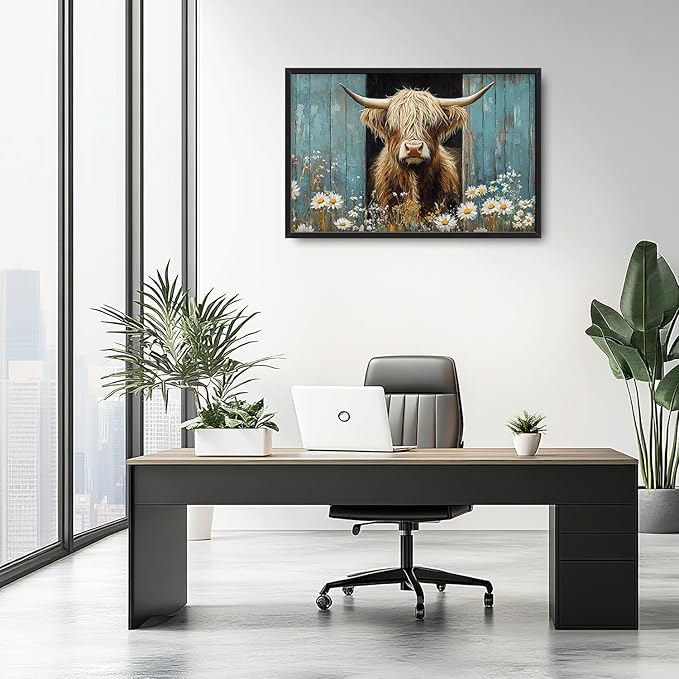 Large Farmhouse Highland Cow Country Wall Art for Living Room, Floral Canvas Oversized Wall Decor, Daisy Flower Animal Framed Pictures Painting Print Artwork for Bedroom Office 36"L x 24"W
