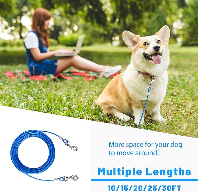 10/15/20/25/30 FT Dog Tie Out Cable - Steel Wire Dog Runner with Durable Clips for Outside Lead - Blue - Up to 165 lbs