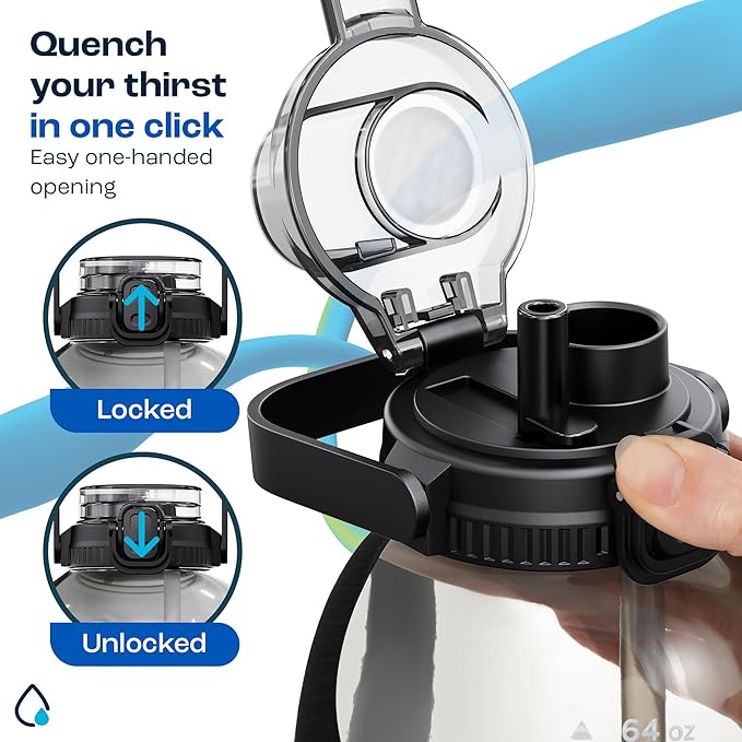 AQUAFIT 64 oz Water Bottle with Time Marker - 2in1 Straw & Chug Lid - BPA Free Big Water Bottle with Straw - Gym Water Bottle with Strap - Water Jug (64 Ounces, Frosty)
