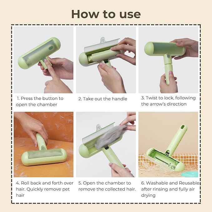 Reusable Pet Hair Remover - Lint Roller for Dog & Cat Fur - for Furniture, Carpet, Clothing - Detachable Handle (White)