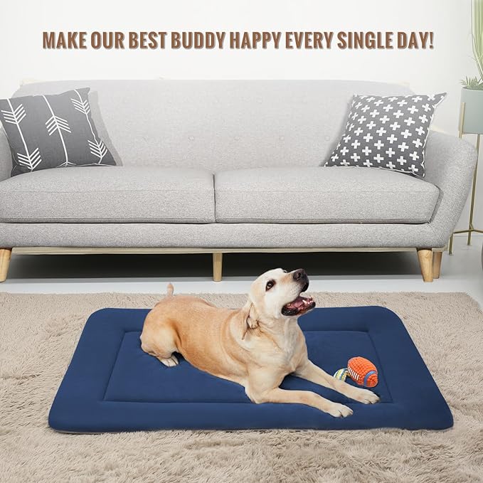 Magic Dog Large Bed Soft Crate Pad Mat, 42 Inches Machine Washable Pet Kennel Pad With Non-Slip Bottom, Dark Blue