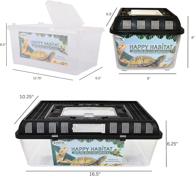 Happy Habitat - Ventilated Enclosure & Breeder Box - for Live Feeder Insects, Reptiles, Amphibians & Other Small Pets - Durable Plastic Portable Terrarium (Medium)
