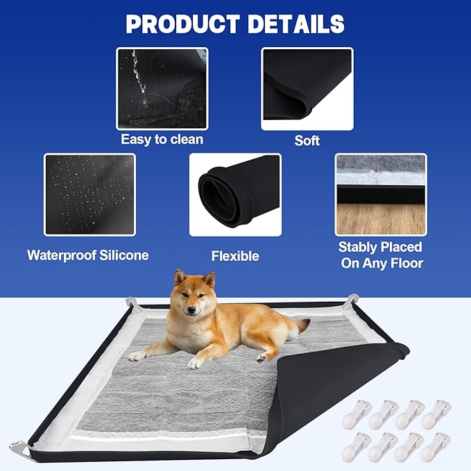 Dog Pee Pad Holder, Puppy Pad Holder Tray for 24'' x 24'' Training Pads, 15pcs Dog Potty Tray Set Include High Edge Silicone Mat & 6 Activated Charcoal Disposable Puppy Pads & 8 Holder Clamps