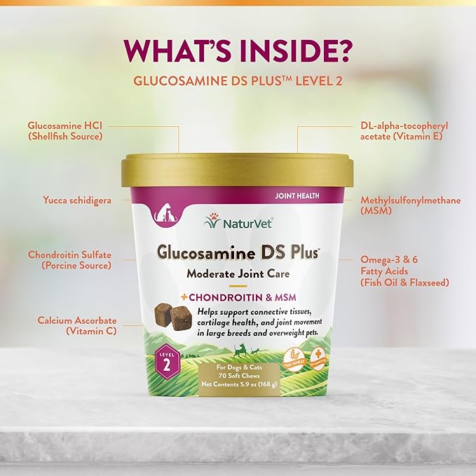 NaturVet – Glucosamine DS Plus - Level 2 Moderate Care – Supports Healthy Hip & Joint Function – Enhanced with Glucosamine, MSM & Chondroitin – for Dogs & Cats–70 Soft Chews