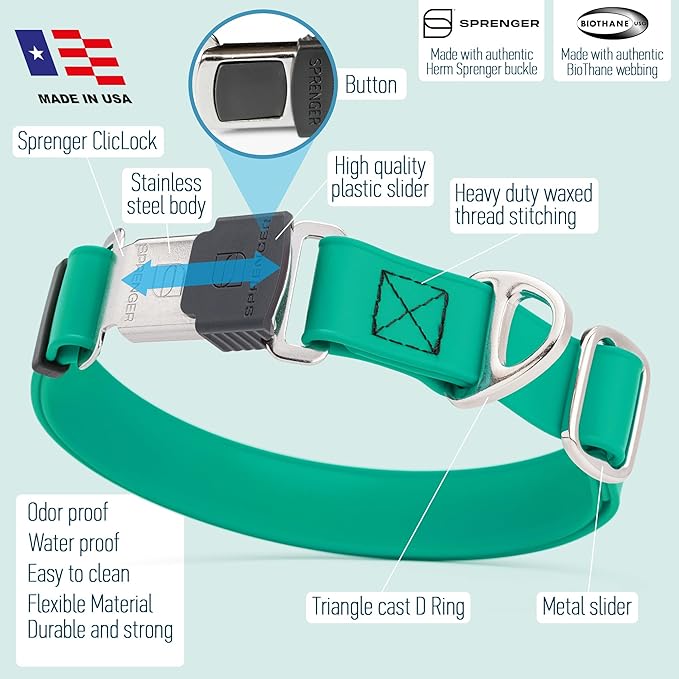 Dogline Biothane Waterproof Dog Collar with Herm Sprenger Black Stainless Steel Quick Release Buckle – Heavy Duty Tactical Durable Collar for Dogs – Comfortable and Safe Pet Collar W 1" L 15-25" Teal