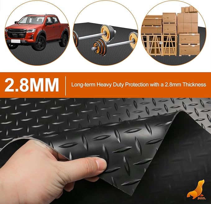 SEAL 5 x 15 Ft Premium Garage Floor Mat, Solid 2.8mm Thickened Black Commercial Grade Heavy Duty Parking Mat for Garage Floor, Golf Cart, Water/Stain Resistant Floor Runner (Embossed Diamond Plate)
