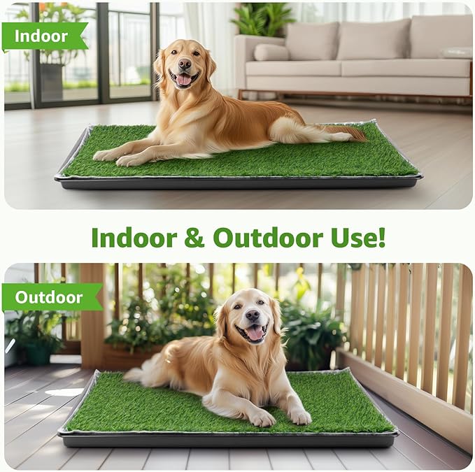 LOOBANI 47.6x29.2in Large Dog Litter Box with 2 Artificial Grass Patch + 2 Washable Pee Pads, Quickly Absorbency Portable Patio Potty for Balcony Apartment Use