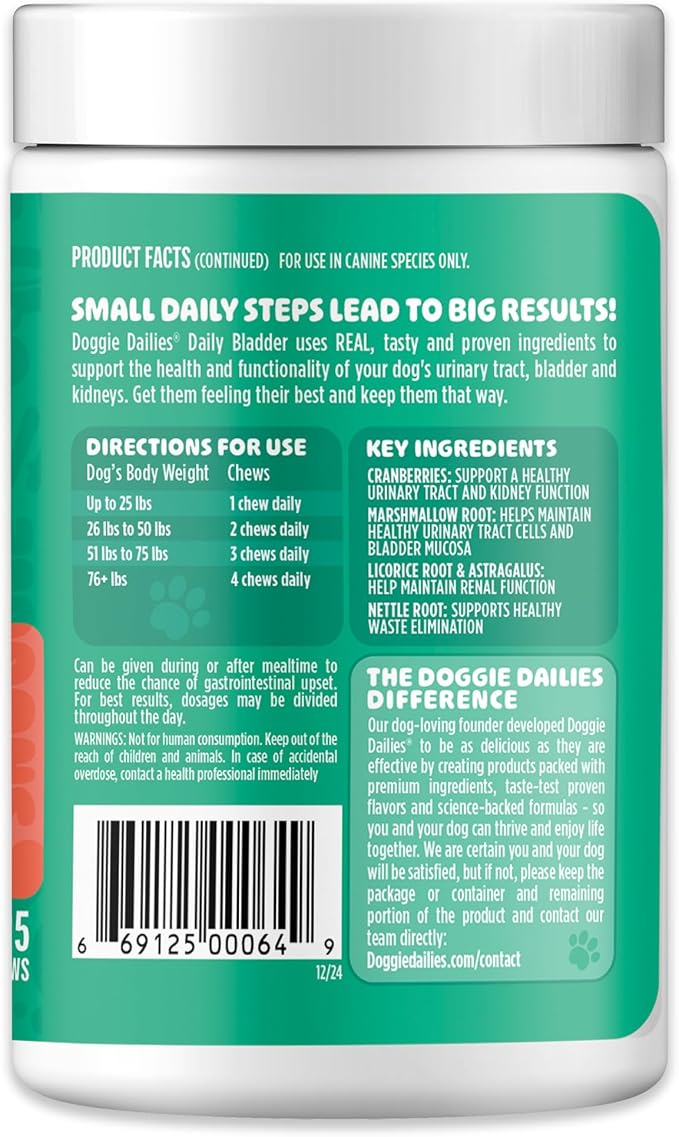Doggie Dailies Cranberry Supplement for Dogs - Urinary Tract, Bladder & Kidney Support for Dogs - Cranberry for dogs with Marshmallow Root, Licorice Root & Apple Cider Vinegar (Chicken) 225 Soft Chews