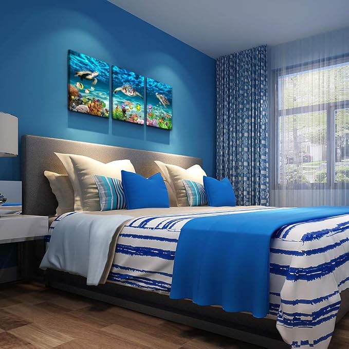 Canvas Wall Art for Living Room Large Size Wall decor for Bedroom Bathroom Wall Decoration blue Ocean Sea Turtle Paintings Modern shark Pictures Artwork office Decor Ready to Hang 16" x 24" 3 Piece