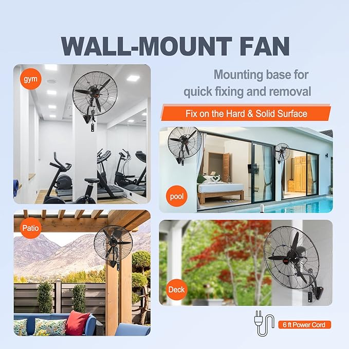 VEVOR 30 Inch Wall-Mount Misting Fan, 3-speed IP44 Waterproof Oscillating, Max. 9500 CFM Wall Mounted Fan for Outdoor, Commercial, Residential, Greenhouse, Workshop, Patio, Black, ETL Listed