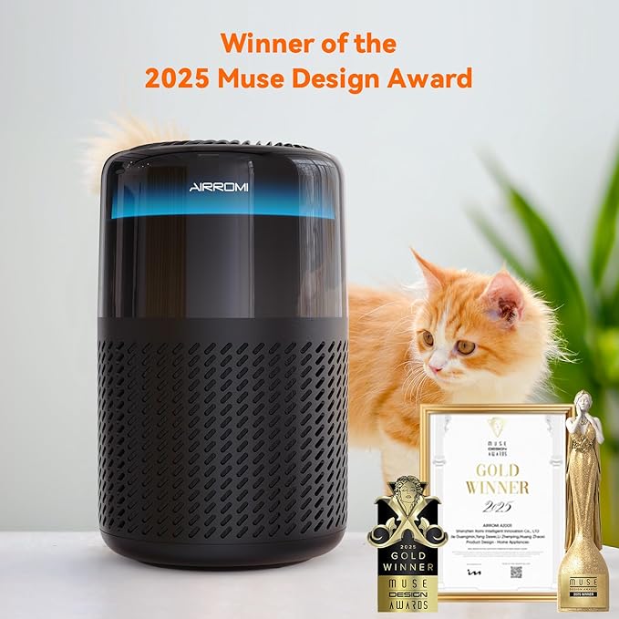AIRROMI Air Purifier for Bedroom Home,HEPA Filter,Covers Upto 549 Ft²,Quiet 360°intake Air Cleaner with Fragrance ponge for Better Sleep,Night Light,Filters Smoke,Pet Dander,Allergies,Dust,A2005 Black