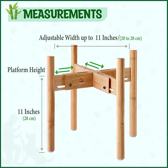 Dog Bowl Stand for Large Breed - 14-inch High, Adjustable Sideways to Fit Various Sizes of Pet Food/Water Bowls, Slow Feeders, and Drink Fountains - Bamboo