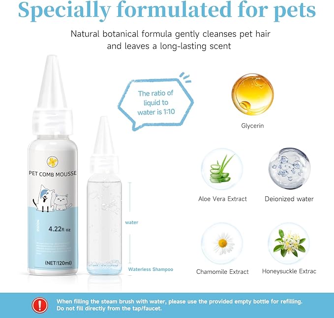 Pet Steam Brush for Dogs & Cats with Shampoo – 3-in-1 Grooming Spray Comb, Mist Massage & Defur Function, Water Spritz Deshedding Tool for Long/Short Hair, Indoor Pets (Puffease Cepillo de Vapor)