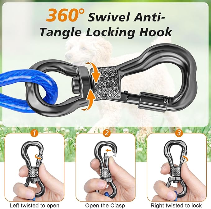 Tresbro 30 FT Dog Tie Out Cable with Spring, Shock Absorbing Tether Chains for Outside Aavilable in 10/15/20/25/30/40/50/70/100/120 FT, Heavy Duty Leads for Yard for Medium & Large Dogs Up to 500 LBS