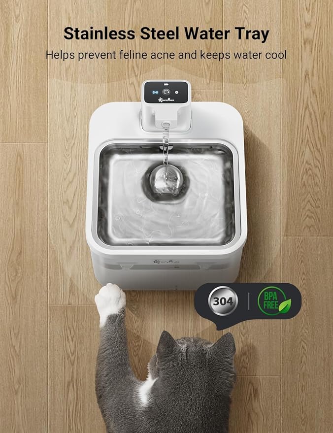 DownyPaws Battery Operated Cat Water Fountain Stainless Steel, 84oz/2.5L Fursink Wireless Pet Water Fountain for Cats Inside, Automatic Dog Water Dispenser with Faucet, Quiet Pump, BPA-Free, White