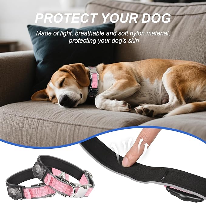 Waterproof Airtag Dog Collar - Nylon Collar with Durable Airtag Holder, Reflective&Anti-Lost with Safety Metal Buckle, Soft Padded Adjustable for Small Medium Large Dogs Pink S