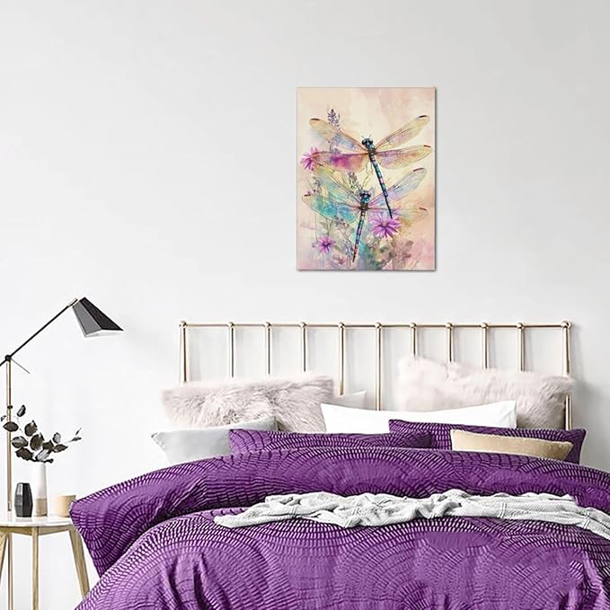 Dragonfly Bathroom Pictures Wall Art, Floral Bathroom Wall Decor, Framed Painting Canvas Artwork for Bedroom Living Room Decorations 16"L x 12"W