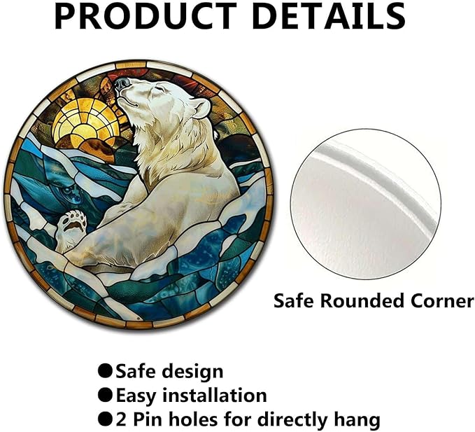 Lygond Metal Sign Tin Sign Circular Stained Glass Polar Bear Boho Decorations For Home For Gift 8×8 Inches