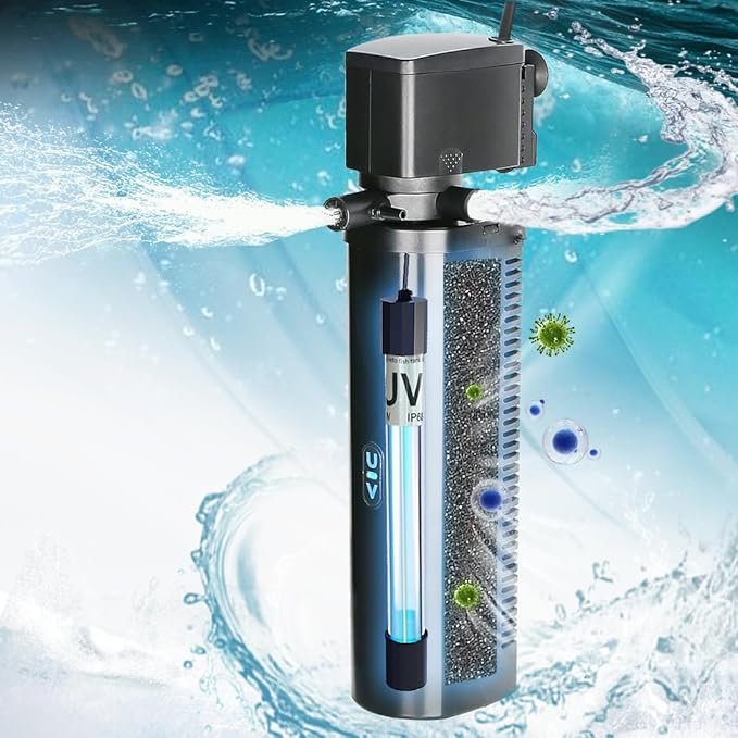 Aquarium Filter for 75-200 Gallon Tank, U-V Fish Tank Green Clean Machine Submersible Powerful Pump Canister Filter 300GPH for Pond Turtle Tank Saltwater Freshwater Crystal Clear Green Killing