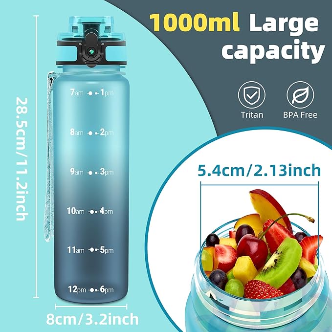 OLDLEY 32 oz Water Bottle, Motivational Water Bottle with Time Marker, Sports Water Bottle With Strap, Leakproof & BPA Free Large Water Bottles for School, Gym, Travel, Outdoor, Tritan,Blue&Gray