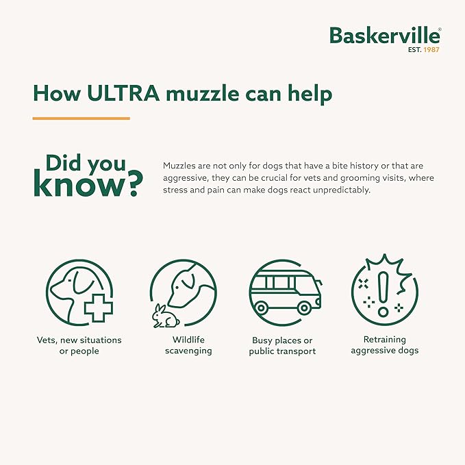 BASKERVILLE ULTRA MUZZLE - Patented Humane Design, Breathable, Dog can Pant and Drink, Adjustable, Padded, Dog Training Muzzle for Small Dogs, Prevents Biting, Wildlife Scavenging (Size 1, Black)