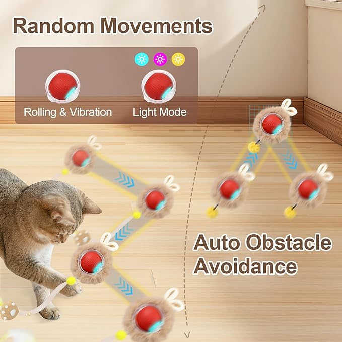 Interactive Cat Toys, Smart Rolling Ball in Play Mat, Automatic Speedy Moving Ball for Indoor Exercise, Motion Activated Pet Balls for Hide and Seek Mouse Catching Game (Red)