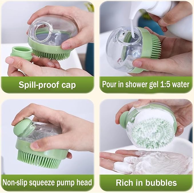 Dog Bath Scrubber Brush, 2 PCS Pet Dog Grooming Massage Shampoo Bath Brush with Soap and Shampoo Dispenser Soft Silicone Bristle for Long Short Haired Dogs Cats Shower