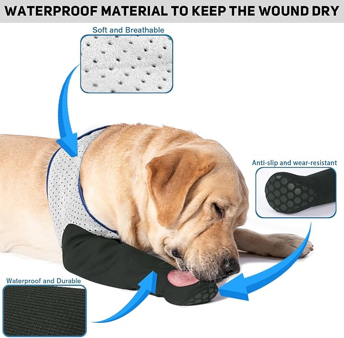 COODEO Dog Socks to Prevent Licking Paws, Healing Boots & Paw Protectors with Non-Slip Bottoms for Wound Protection, Waterproof Sleeve Shoes for Licking（Grey，3XL_Left