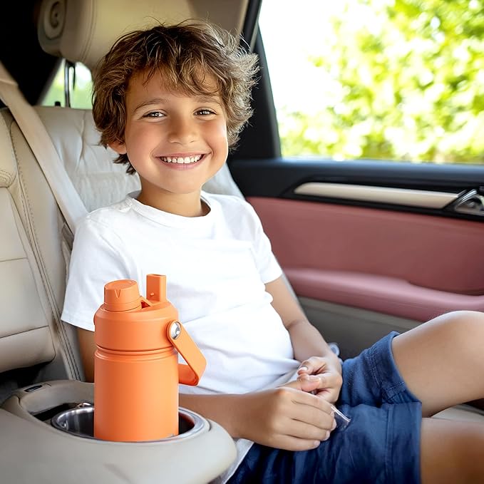 Kids Insualated Water Bottle with Straw - 12oz Stainless Steel Water Bottle with Dual Spouts, Leak-Proof, BPA-Free, Double Wall Vacuum Keeps Cold for 24 Hours for Sports, Travel, School (Black Night)