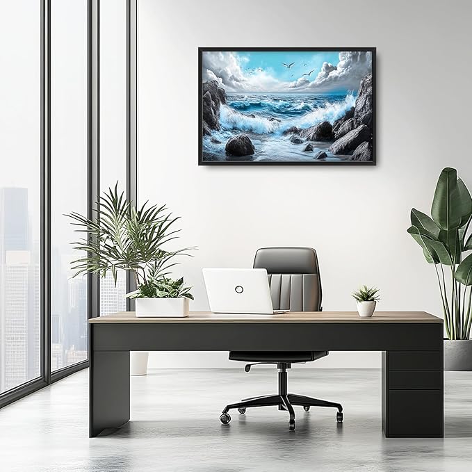 Extra Large Framed Abstract Sea Ocean Wall Art,Black and White Wall Decor, Coastal Seashore Pictures for Living Room,Canvas Print Painting Modern Artwork Bedroom Office Bathroom 36L x 24W