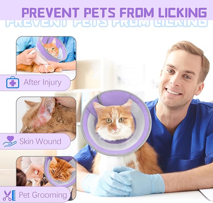 Breathable Air Mesh Cat Cone Collar Soft to Stop Licking, Adjustable, Foldable Lightweight Kitten Cones After Surgery Recovery for Cats & Kittens (Purple, M)