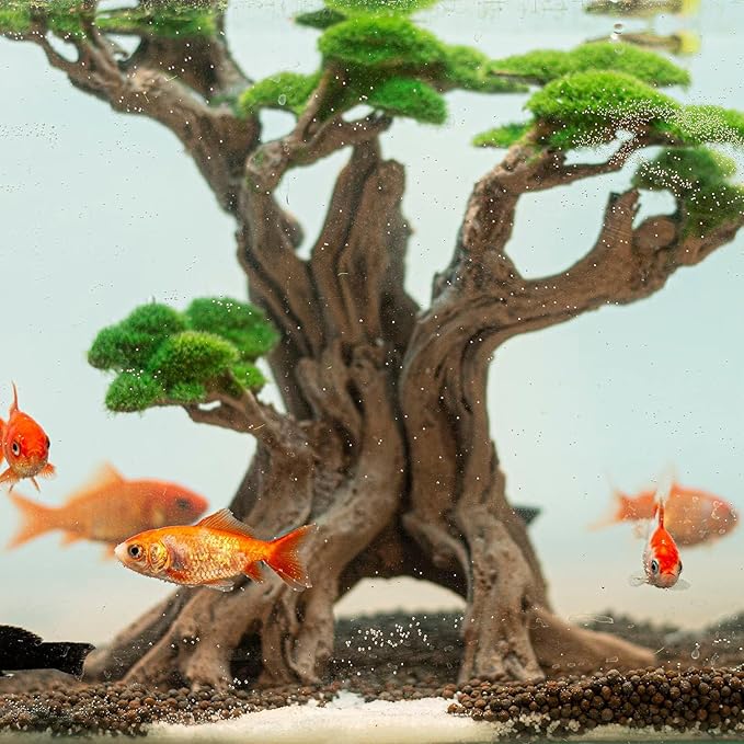 Fish Tank Decor- Bonsai Tree of The Forest with Faux Moss- Aquarium Decoration Aquascaping- Made of Sandstone, 8.8 x 4.3 x 7.8 inches