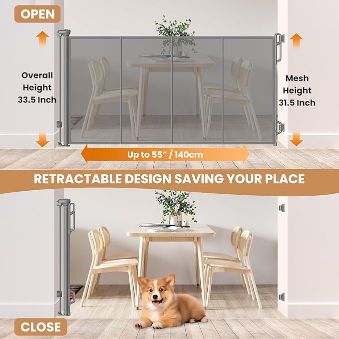 Reinforced Retractable Baby Gate, Mesh Dog Gate, Child Safety Gate for Doorways, Stairs, Hallways, Indoor/Outdoor, Wide Openings -33.5" Tall, Width up to 55" Gray