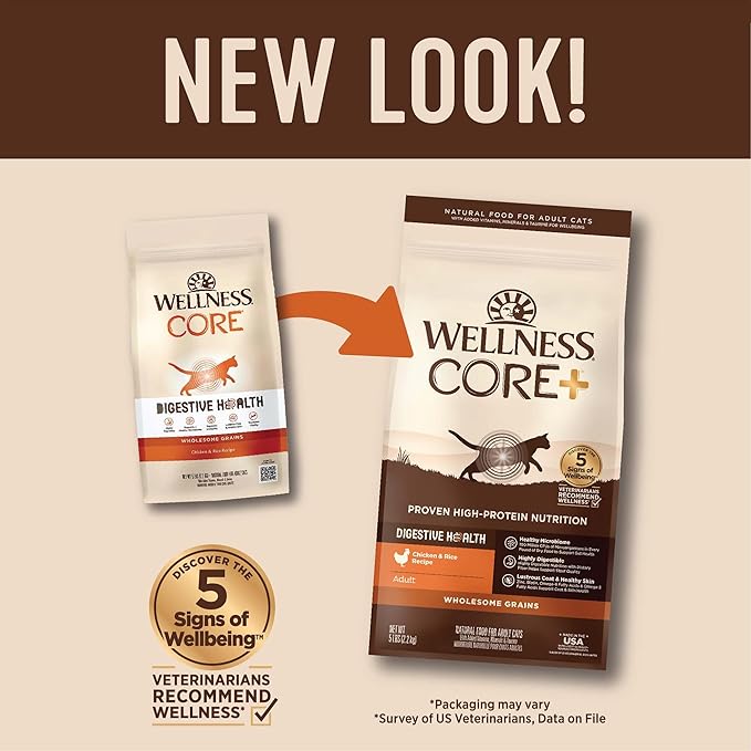 Wellness CORE+ Adult Dry Cat Food for Indoor and Outdoor Cats, Wholesome Grains, Natural, Digestive Health Chicken & Rice (5 Pound Bag)